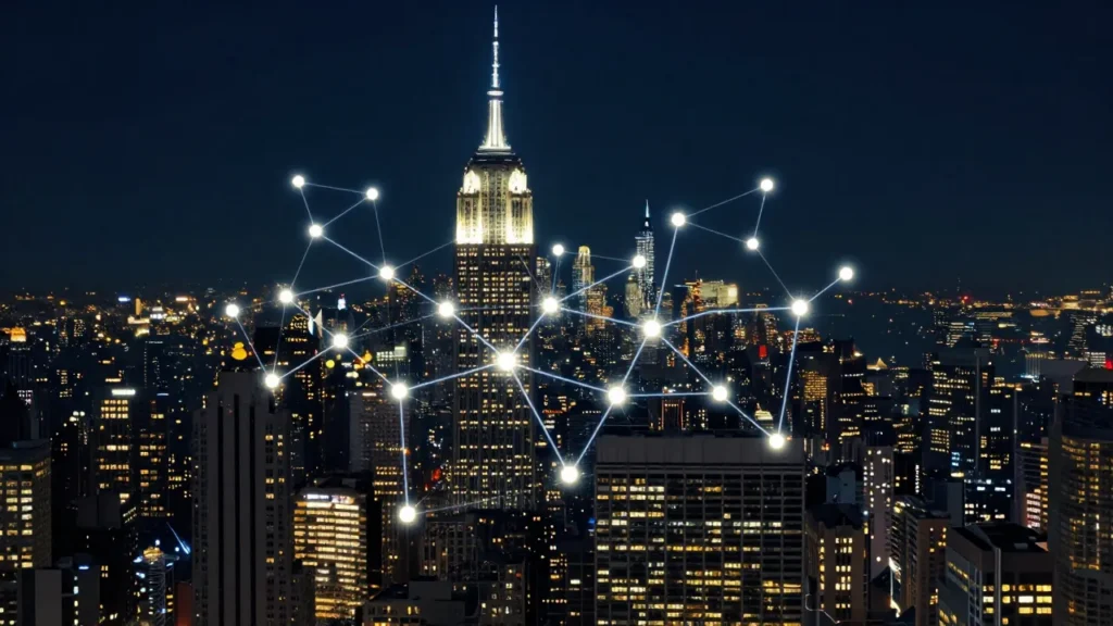 Abstract digital art of New York skyline silhouette with financial regulatory framework overlaid as glowing compliance nodes, NYDFS concept