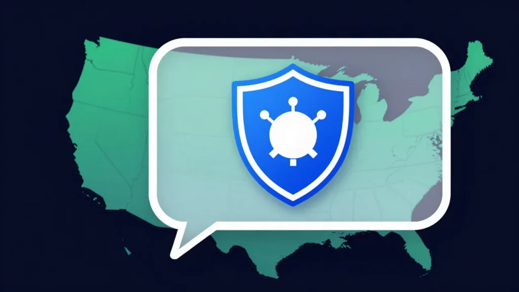 Abstract digital art of a chatbot speech bubble with compliance shield and Pacific Northwest state map silhouettes