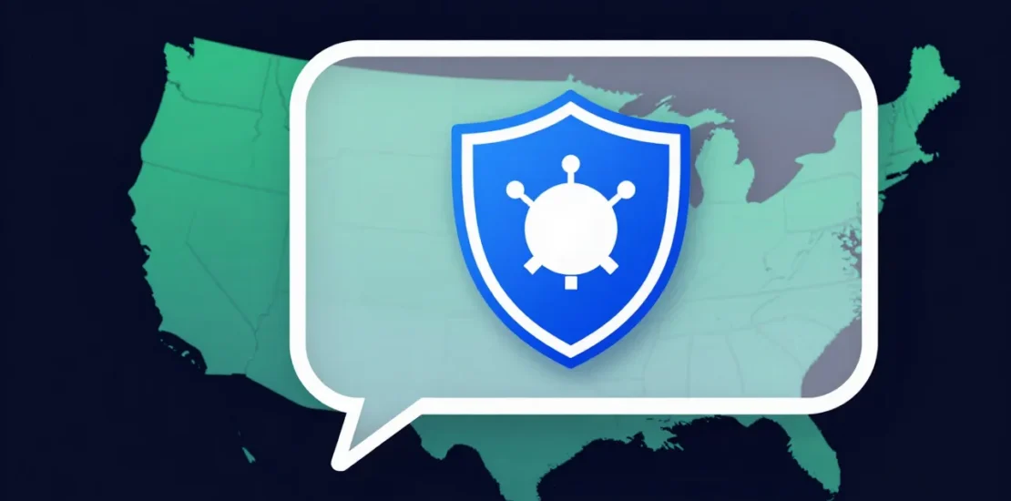Abstract digital art of a chatbot speech bubble with compliance shield and Pacific Northwest state map silhouettes