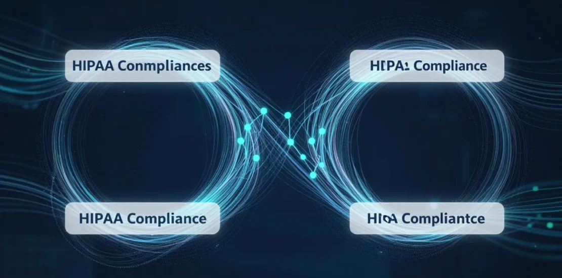 Abstract digital art of population health data streams flowing through four distinct gateway pathways representing HIPAA compliance options