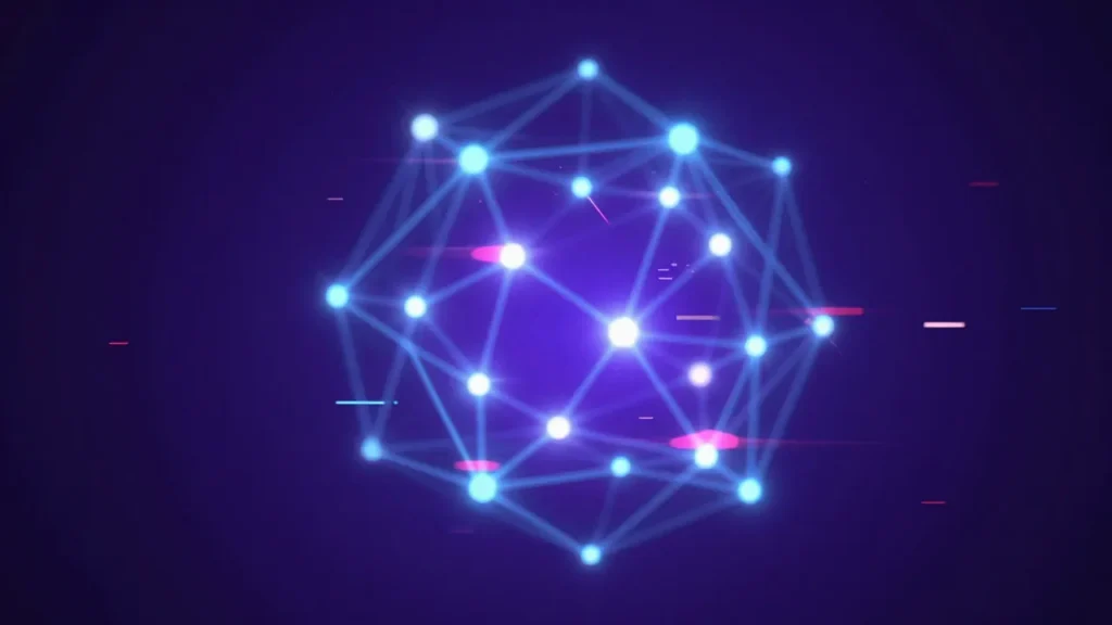 Abstract glowing neural network with flickering nodes on deep purple and blue gradient background, AI error concept visualization