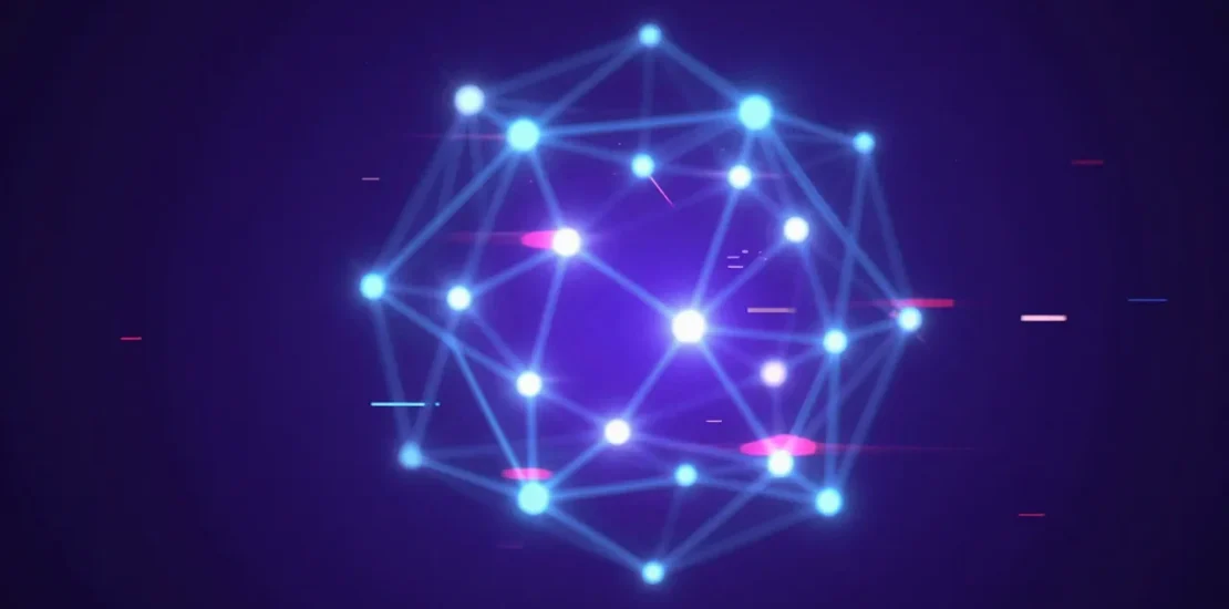 Abstract glowing neural network with flickering nodes on deep purple and blue gradient background, AI error concept visualization