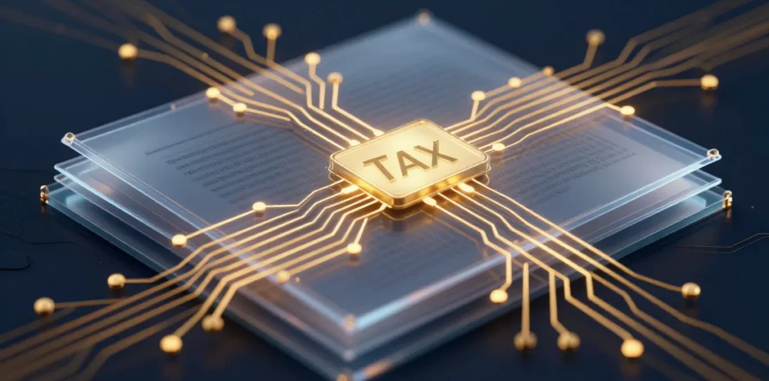 Abstract layered legal documents with glowing circuit pathways representing AI and tax law intersection
