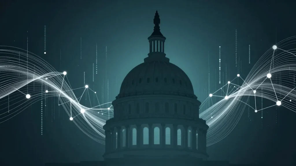 Abstract state capitol dome silhouette with flowing data streams and AI neural network nodes representing Connecticut AI legislation