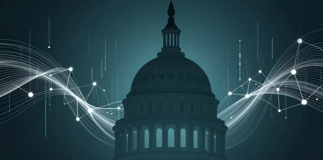 Abstract state capitol dome silhouette with flowing data streams and AI neural network nodes representing Connecticut AI legislation
