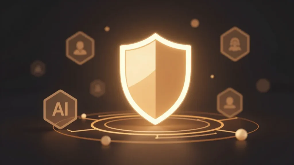 Abstract glowing shield with hexagonal AI governance nodes and flowing regulation pathways representing Texas TRAIGA compliance framework