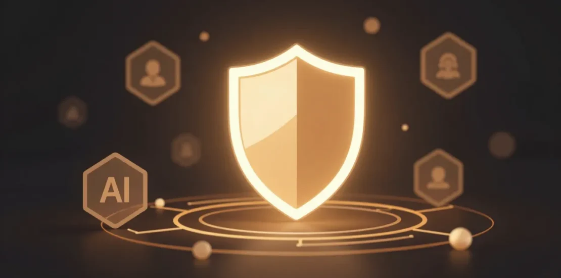 Abstract glowing shield with hexagonal AI governance nodes and flowing regulation pathways representing Texas TRAIGA compliance framework