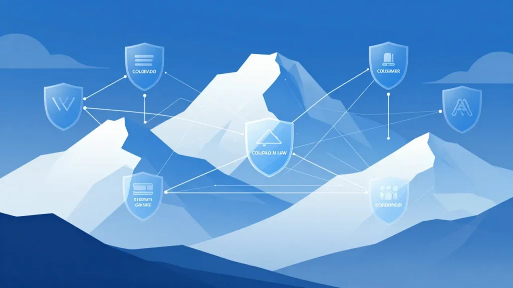 Abstract mountain landscape with digital transformation overlay showing algorithmic decision pathways representing Colorado AI law