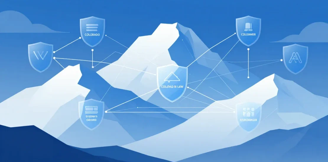 Abstract mountain landscape with digital transformation overlay showing algorithmic decision pathways representing Colorado AI law