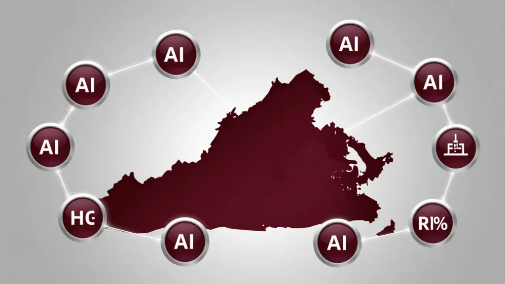 Abstract Virginia state building silhouette with AI risk assessment nodes and glowing compliance pathways representing high-risk AI legislation