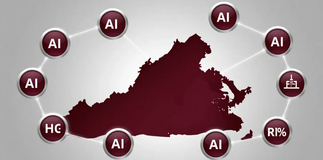 Abstract Virginia state building silhouette with AI risk assessment nodes and glowing compliance pathways representing high-risk AI legislation