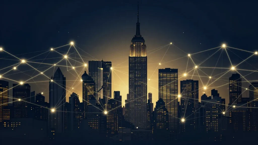 Abstract New York skyline with AI governance network nodes and compliance pathways