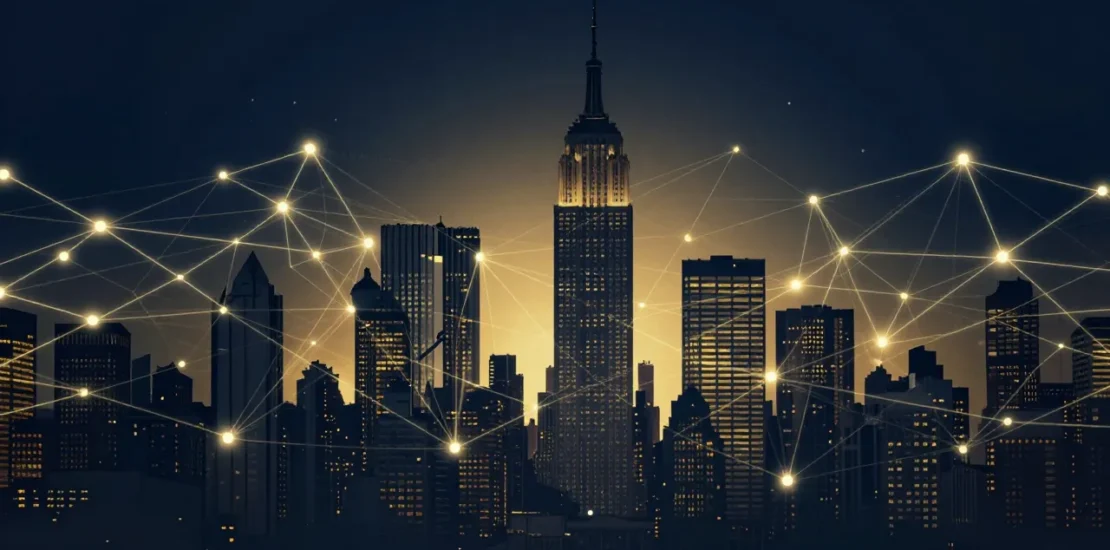 Abstract New York skyline with AI governance network nodes and compliance pathways