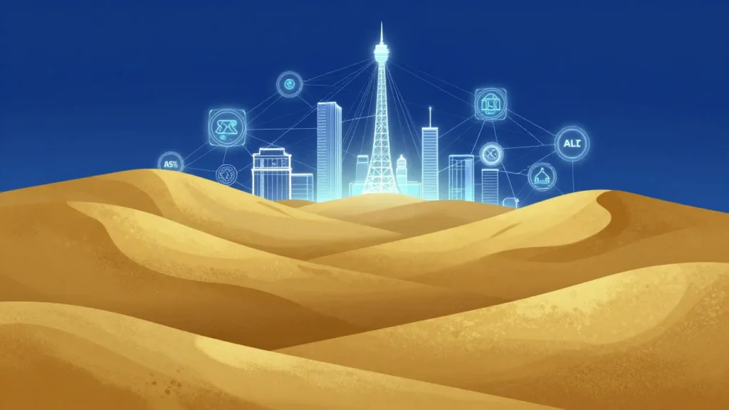 Abstract California hills with AI safety framework architecture and interconnected nodes