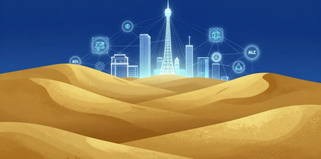 Abstract California hills with AI safety framework architecture and interconnected nodes