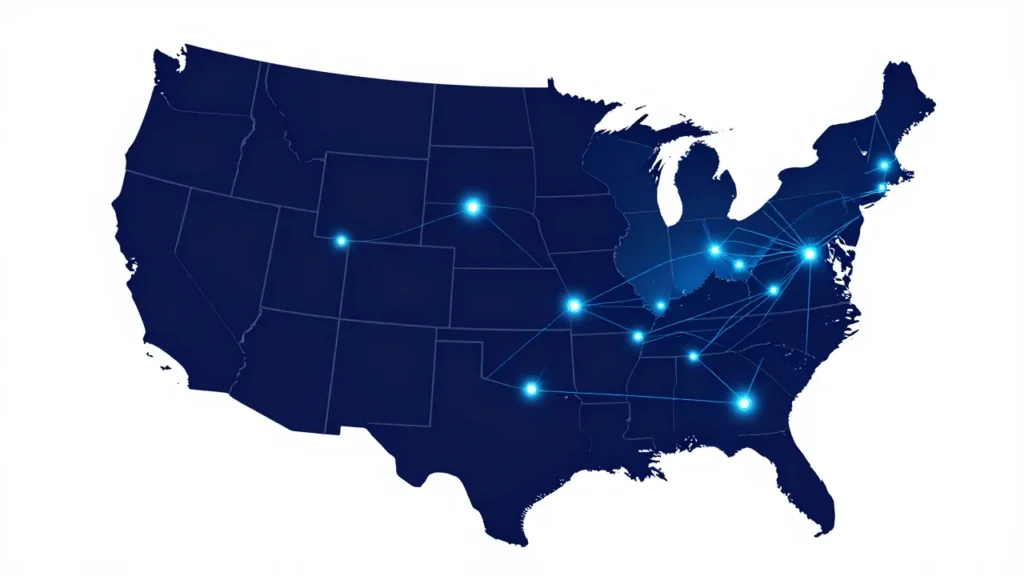 Abstract US map with glowing compliance nodes and data governance pathways across states