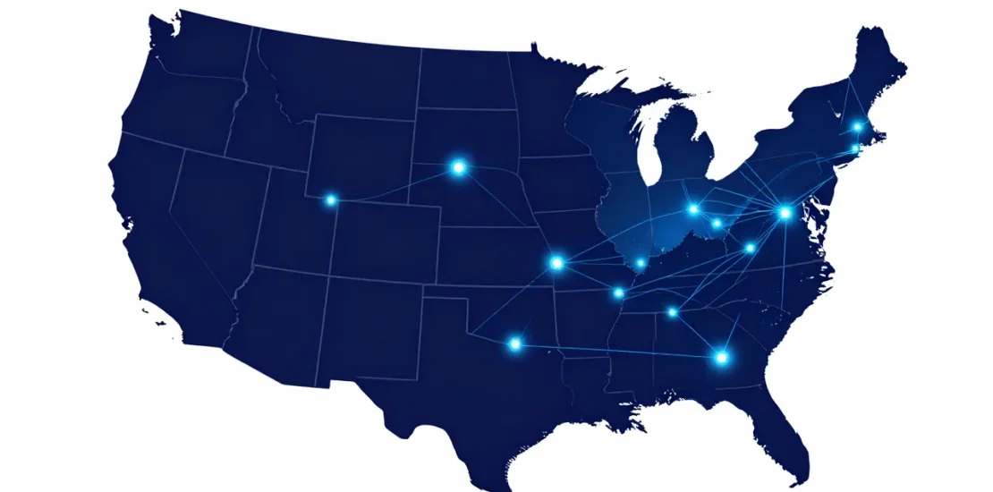 Abstract US map with glowing compliance nodes and data governance pathways across states