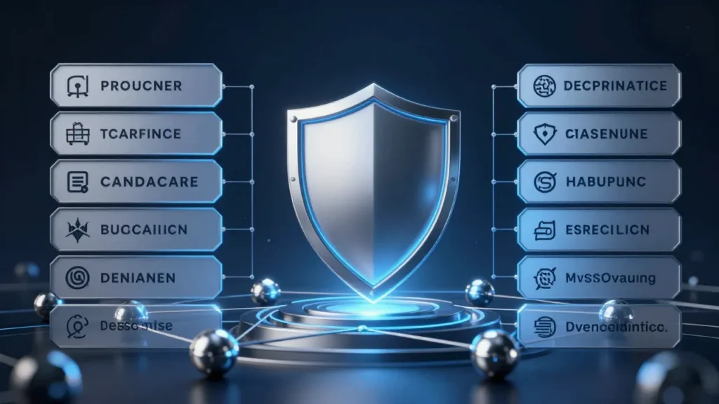 Abstract cybersecurity certification framework with glowing shield and defense contractor network nodes