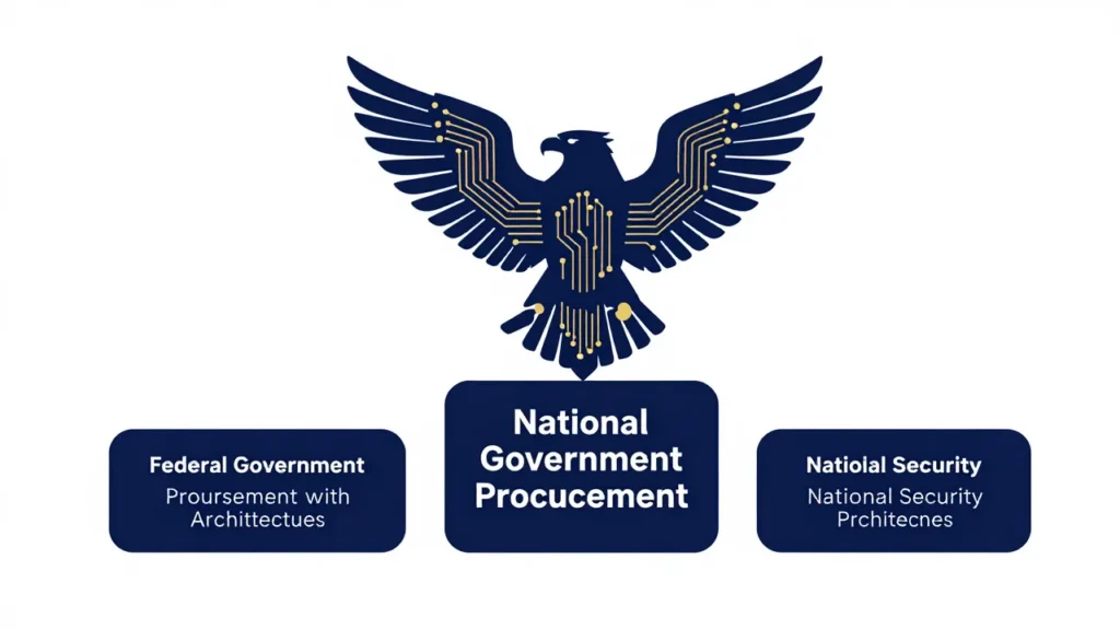 Abstract federal government procurement architecture with AI compliance pillars and eagle silhouette integrated with circuit board patterns