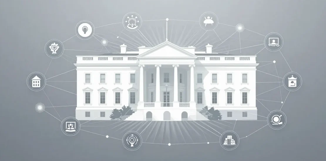 Abstract White House silhouette with radiating AI governance network and frontier model assessment nodes connected to cybersecurity clearinghouse pathways
