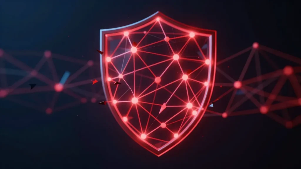 Abstract digital art of malicious code arrows piercing through an AI neural network shield in red and dark blue with dramatic lighting