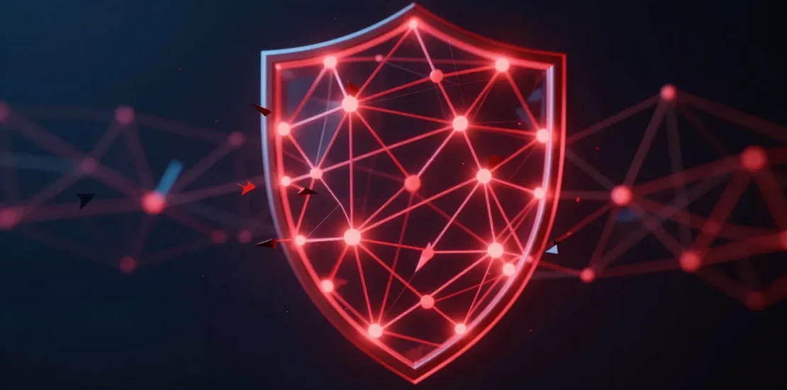 Abstract digital art of malicious code arrows piercing through an AI neural network shield in red and dark blue with dramatic lighting