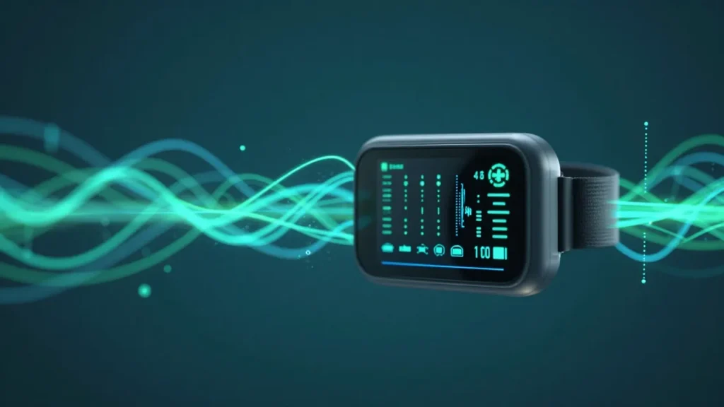 Abstract digital art of a wearable biometric monitor with glowing AI data streams emanating from it, healthcare monitoring concept