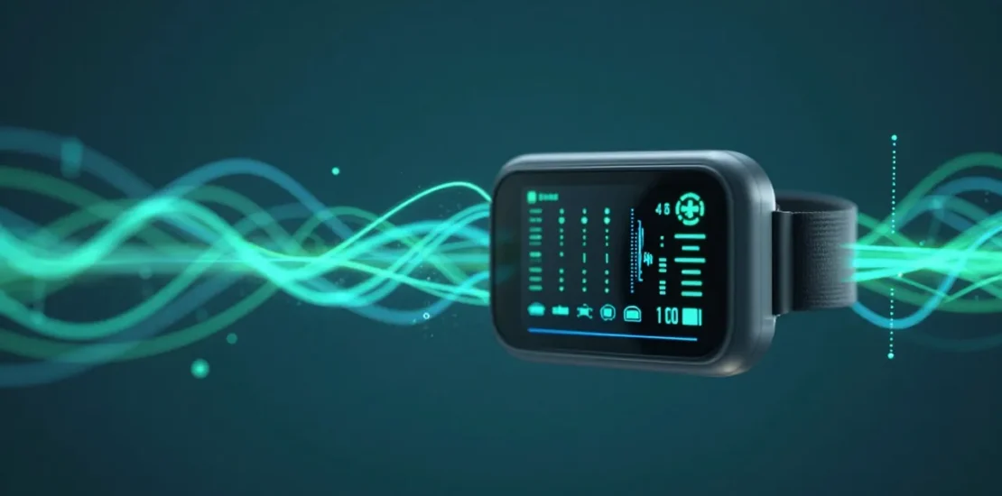 Abstract digital art of a wearable biometric monitor with glowing AI data streams emanating from it, healthcare monitoring concept