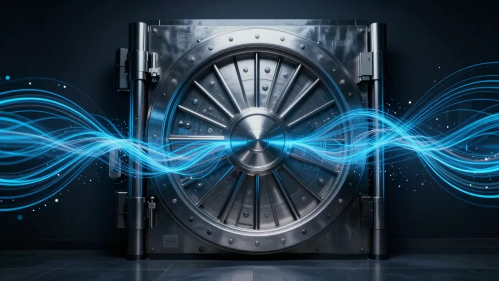 Abstract digital art of a financial firm compliance vault with AI-generated content streams flowing in and being preserved, SEC recordkeeping concept