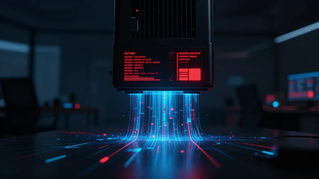 Abstract digital art of a shadowy unauthorized device leaking glowing data streams in a corporate office, dark blue and red tones