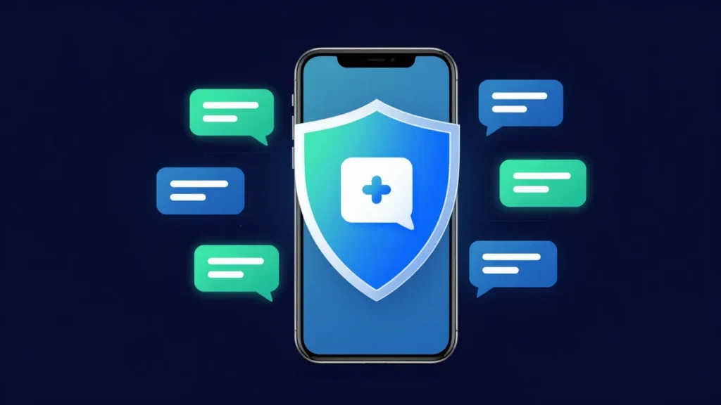 Abstract digital art of a mobile phone with AI text message bubbles surrounded by a compliance certification shield, digital health communication concept