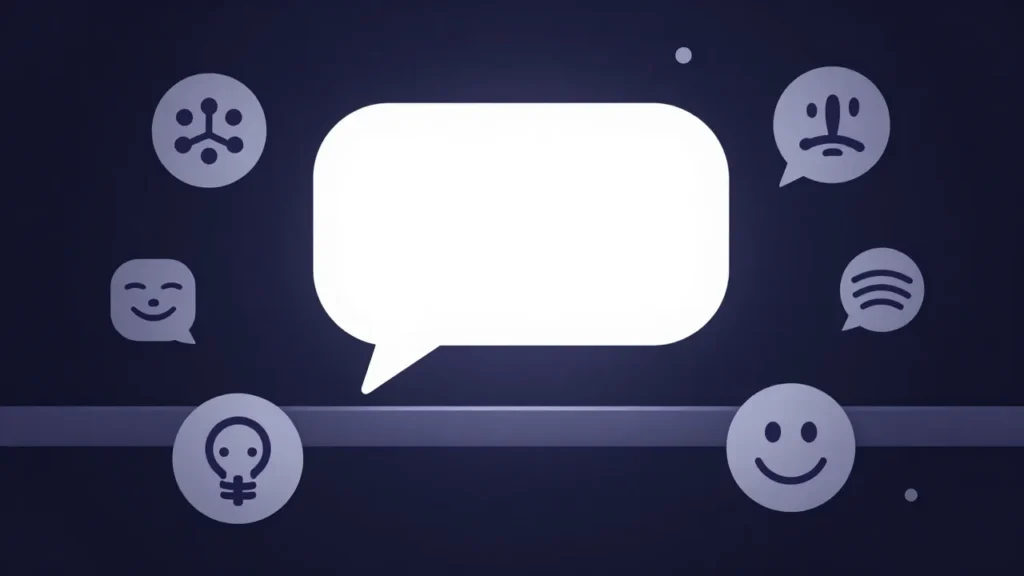Abstract digital art of a chatbot speech bubble surrounded by mental wellness symbols being blocked by a regulatory barrier