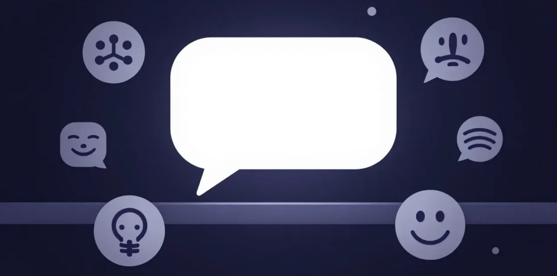 Abstract digital art of a chatbot speech bubble surrounded by mental wellness symbols being blocked by a regulatory barrier