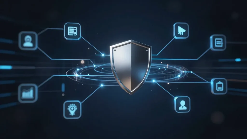 Corporate oversight dashboard with AI audit trail nodes connected by glowing pathways and a central oversight shield