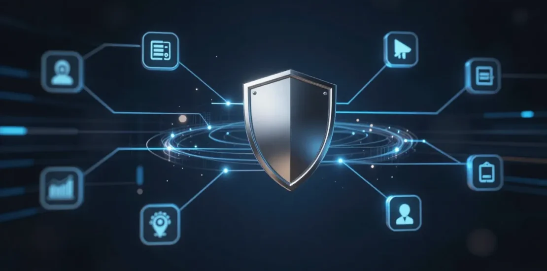 Corporate oversight dashboard with AI audit trail nodes connected by glowing pathways and a central oversight shield