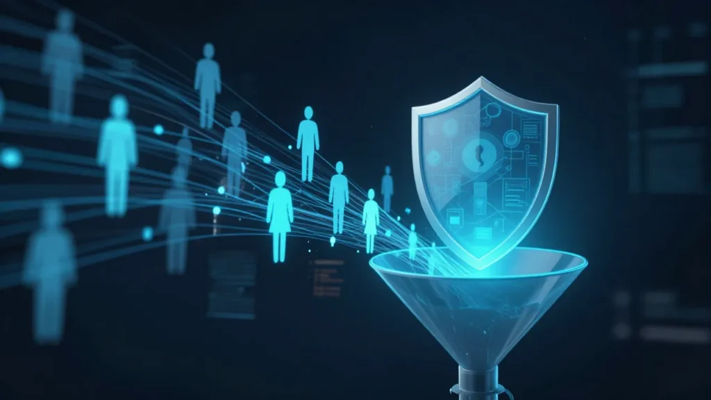 Abstract digital art showing customer data silhouettes flowing into an AI training funnel with an intellectual property shield protecting the output