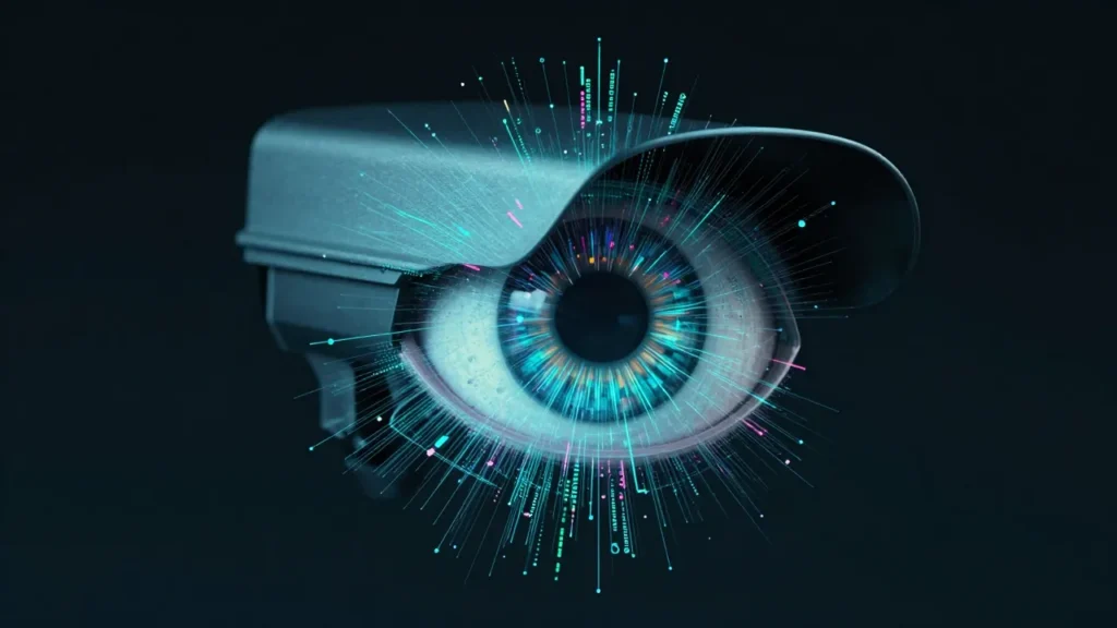 Abstract digital surveillance eye dissolving into teal and blue data streams on a dark background