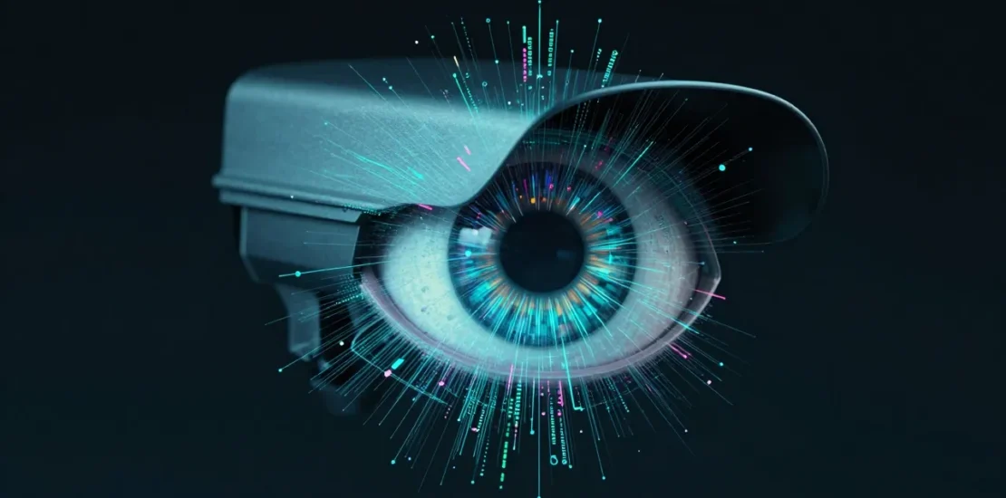 Abstract digital surveillance eye dissolving into teal and blue data streams on a dark background